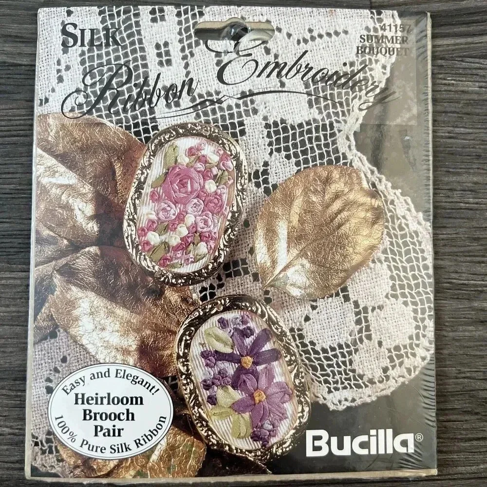 Vtg Bucilla Silk Ribbon Brooch Embroidery Kit 41157 Creative Beginnings Iron On